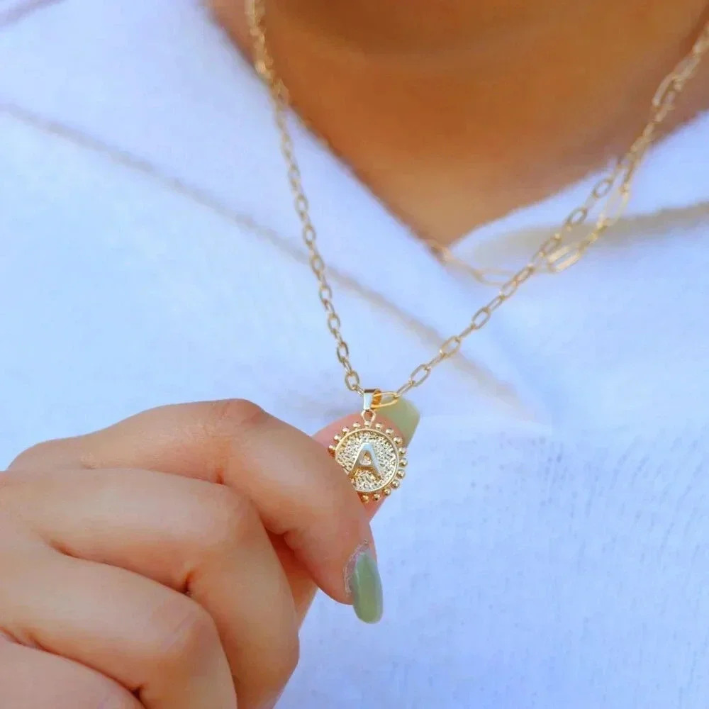 2 LAYER GOLD LETTER INITIAL COIN ROUND/CIRCLE PENDANT DAINTY NECKLACE, ELDM22154 - Picture 6 of 14